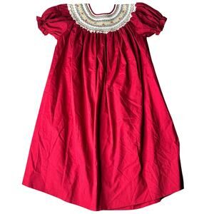 Little Girls Smocked Red Dress Flowers Short Sleeve Size 6